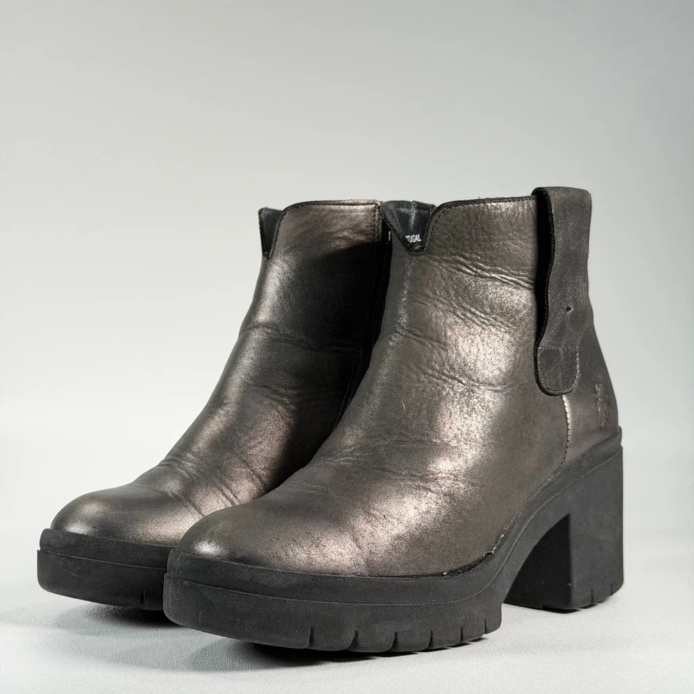 Fly London Tetly Platform Ankle Boots Womens 38 Pewter Metallic Leather Wedge